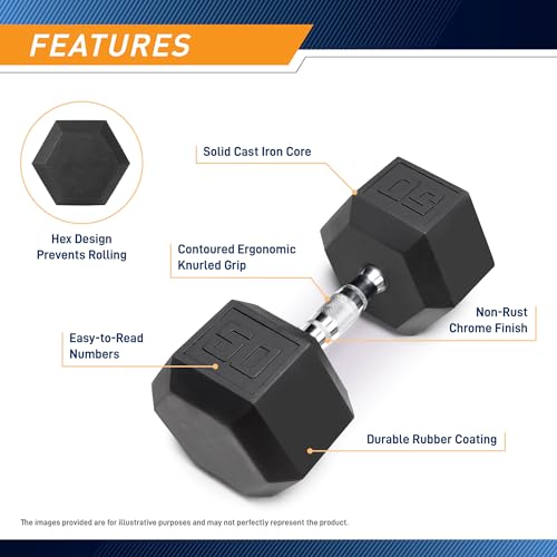 Marcy Classic Rubber Hex Dumbbell with Knurled Grip for Strength Training and Bodybuilding 50-lbs Single Dumbbell IBRH-050 by MARCY - Used condition - Image 3