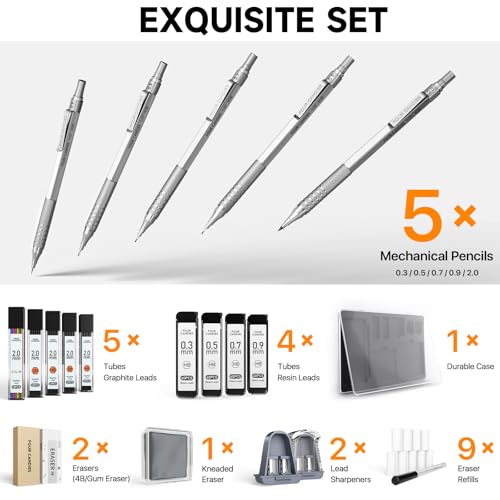 Four Candies Metal Mechanical Pencil Set, 4PCS 0.3, 0.5, 0.7, 0.9MM Mechanical Pencils & 2MM Drawing Pencil with 9 Tubes Lead Refills (4B 2B HB 2H Color) for Student Writing Artist Sketching - Black by Four Candies - Image 4