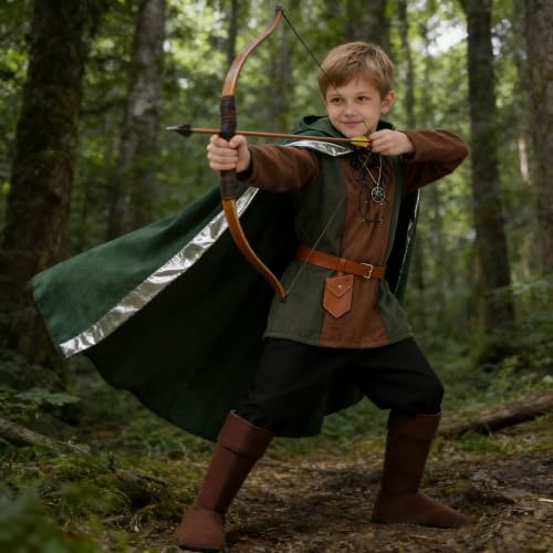 Image of Akokvlar 8 Pcs Medieval Archer Costume for Boys Renaissance Kids Hunter Costume with Cape