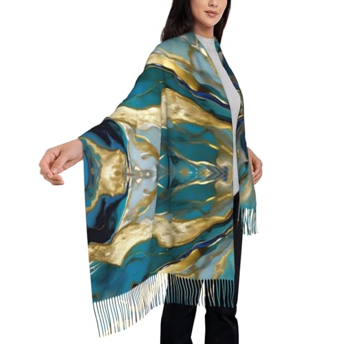 Azurite Teal and Foil Gold Oil Marble Pattern Print Imitation cashmere long velvet tassel scarf,Winter keep Warm Shawl Wrap.4