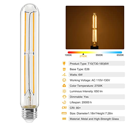 Topleder E26 Bulb 60 Watt Tubular, Soft White 2700K Edison Bulb 6 Pack, 6W 650Lm, Dimmable T10 Led Bulb, E26 Medium Base, 7.28 Inch Long Light Bulbs For Pendant Lights, Lamps, Outdoor Light #TOP3