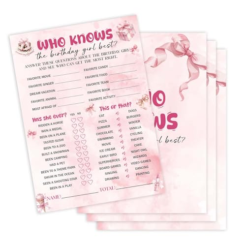 APIILVPQ Who Knows the Birthday Girl Best, 25 Pcs Pink Bow Birthday Party Game Cards for Girls, Slumber Sleepover Party Games Decorations Supplies - A03