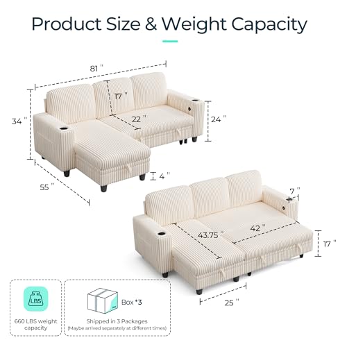 LINSY HOME Sectional Sleeper Sofa with Pull Out Couch Bed - Convertible Plush Corduroy Cloud Couch with Storage Chaise & USB Charging, Comfy L Shaped Modular Couches for Living Room Apartment, Beige - Thumbnail 2