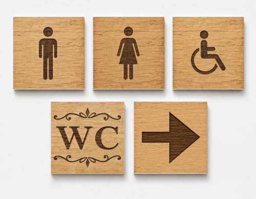 GOYAPRINT Lot de 5 panneaux pour toilettes en imitation bois 12 x 12 cm – Panneaux WC accessibles et flèches – PVC rigide 5 mm – Signalisation décorative pour bars, restaurants, maisons rurales et