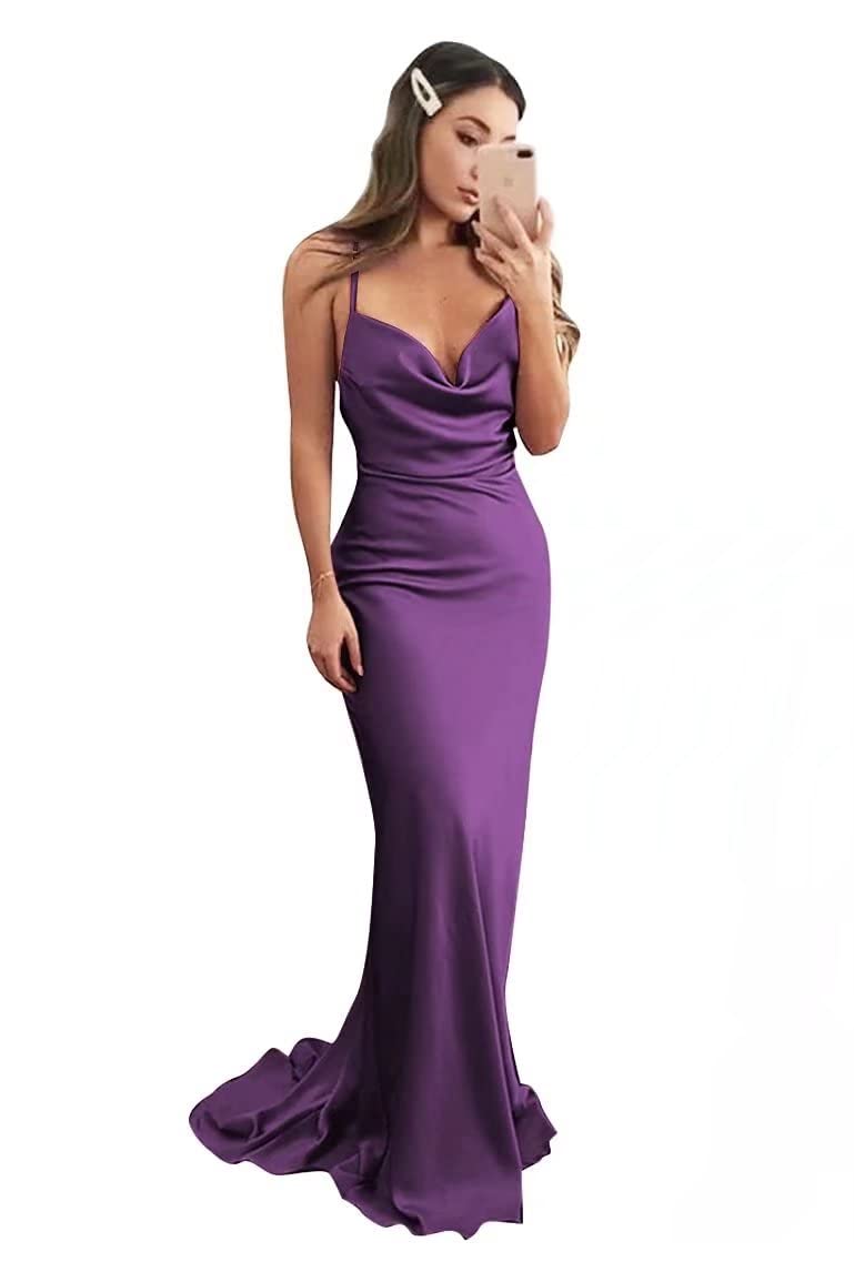 Mermaid Silk Satin Bridesmaid Dresses Long Spaghetti Straps Prom Gown Cowl Neck Formal Maxi Dress for Wedding
