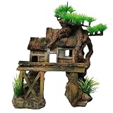 kathson Aquarium Decorations Fish Tank Ornaments House on Terrace with Tree Root Resin Handicrafts for Betta Fish