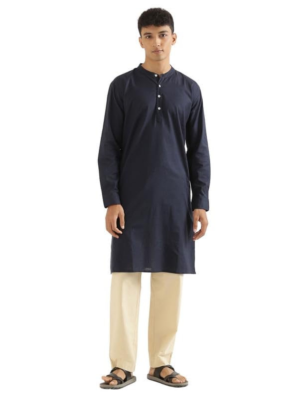 Image of SAADAA Men's Long Kurta - Linen Cotton Blend, Airy Fabric, Regular Fit, Mandarin Collar, Solid Color - Casual, Festive & Ethnic Wear