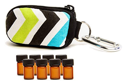 Stylish Essential Oil Key Chain with 8 5/8 Dram (2 ml) Vials and Blank Labels - Fits Easily in a Purse or Makeup Bag - Carry Your Favorite Essential Oils Everywhere You Go! (Blue/Green Chevron)