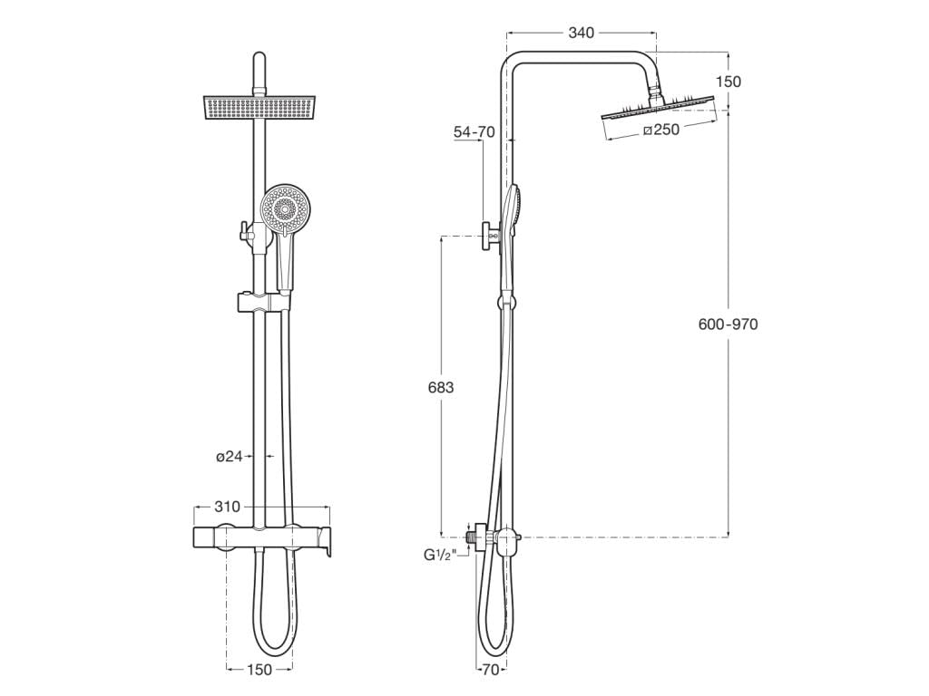 Columna de ducha monomando Roca Vega Plus Square con rociador cuadrado 250x250 mm