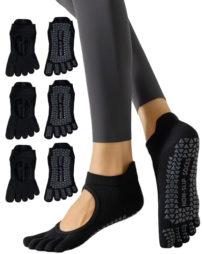 Yawlsow 3 Pairs Pilates Toe Socks for Women (US Alpha One Size Regular Regular Black*3)