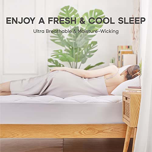 SONIVECotton Mattress Pad, Twin Bedding Cover Quilted Fitted Mattress Protector 8-21\" Deep Poket, Breathable Cooling Down Alternative Fill Mattress Topper White,Twin Size