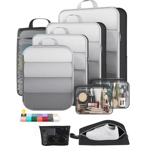 Veken 9/11 Set Compression Packing Cubes for Travel Essentials,Compressible Expandable Large Luggage Suitcase Organizer Bags for Clothing,Durable Space Saver Storage Bags with Toiletry Bags(Black)
