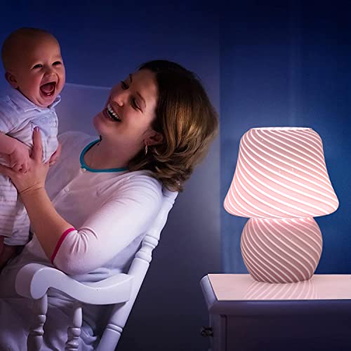 Jonong Bedside Lamp Glass Striped Mushroom Table Lamp With 3 Color Modes Led Small Decorative Table Lamp For Gift Present,Suit For Bedroom, Living Room, Home Decor, Baby, Kids, Women (Pink 2) #TOP3