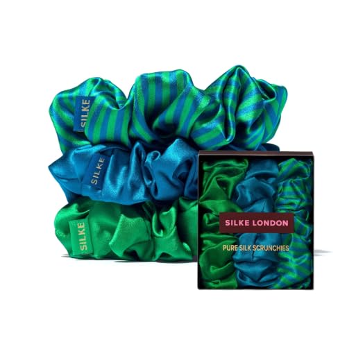 Image of SILKE London 100% Mulberry Silk Scrunchies for Women - Set of 3 Large Silk Scrunchies & Hair Bobbles - Strong Hold, No Tugging, Less Breakage & No Dents - 22 Momme, All Hair Types