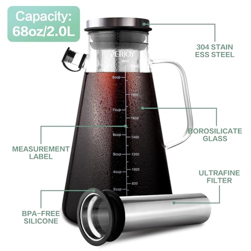 Perjoy Cold Brew Coffee Maker- 64Oz/2Qt Glass Iced Coffee Maker With Super Dense Stainless Steel Filter & Lid thumb #1