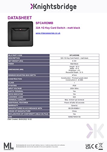 Knightsbridge Screwless Hotel 32A 1G Key Card Switch Matt Black - Image 2
