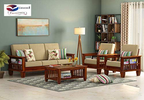 Image of Solid Sheesham Teak Wood Wooden 5 Seater Sofa Set Without Pillow | Cream Cushions | Honey Finish
