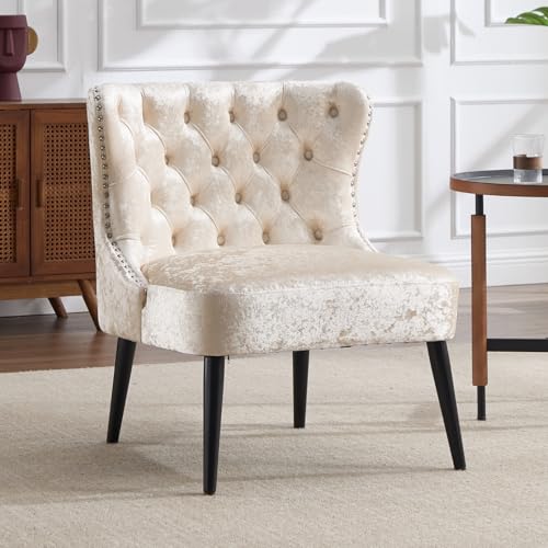 chairus Sillón Nordica Butaca de Salón en Terciopelo, Sillón de Lectura Comóda Butaca Dormitorio con Tachuelas para Sala de Estar/Hotel, Beige