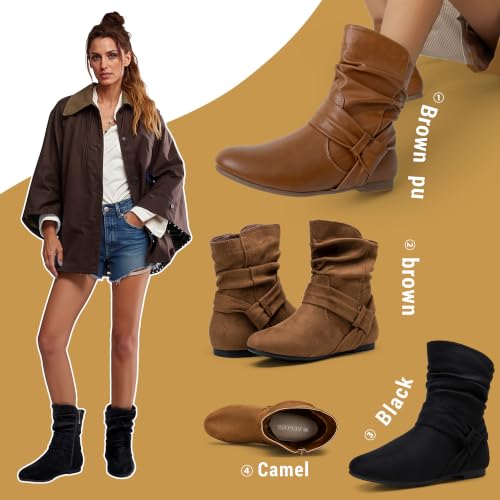 Image of Vepose Women's Slouch Ankle Boots, Flat Low Heel Side Zip Booties 939A
