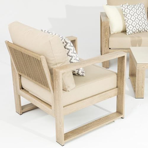 Sofa-Set Couchtisch und 2 Sessel aus Aluminium und Seil in Beige, 70,5 x 44,5 x 157 cm