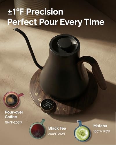 Image of INTASTING Gooseneck Electric Kettle, ±1℉ Temperature Control, Stainless Steel Inner, Quick Heating, for Pour Over Coffee, Brew Tea, Boil Hot Water, 1500W /0.9L (Glossy Black)
