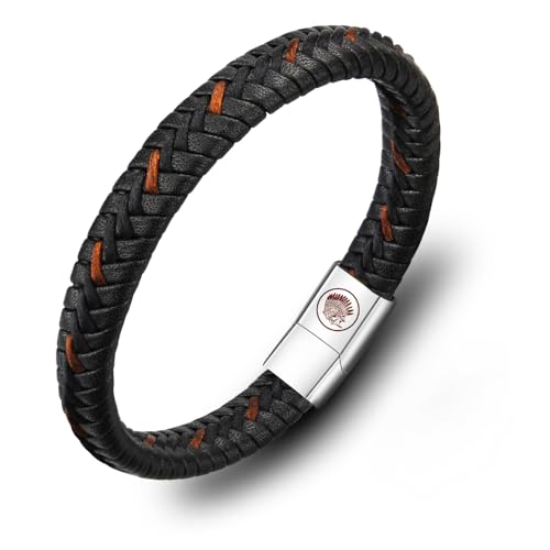 Casisto.J Lederarmband Herren Armband Herren Männer Leder Edelstahl Gravur Schwarz Braun Geflochten mit Magnet Verschluss (Schwarz, 21)