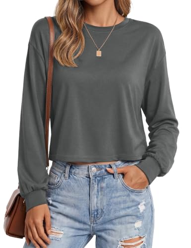 YUCOLEN Womens Long Sleeve Shirts Crop Fall Crewneck Top Dark Grey XS