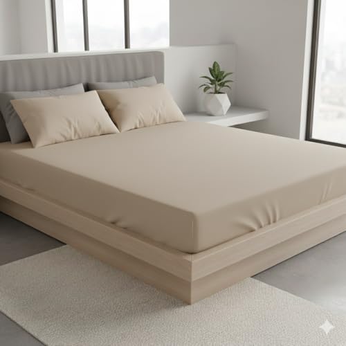 Image of 100% Waterproof Premium Cotton Feel Mattress Protector Double Bed Size, 72x72 Inches | Breathable and Hypoallergenic Ultra Soft Fitted Bed Protector Cover Fits Upto 10 Inches-(Beige)