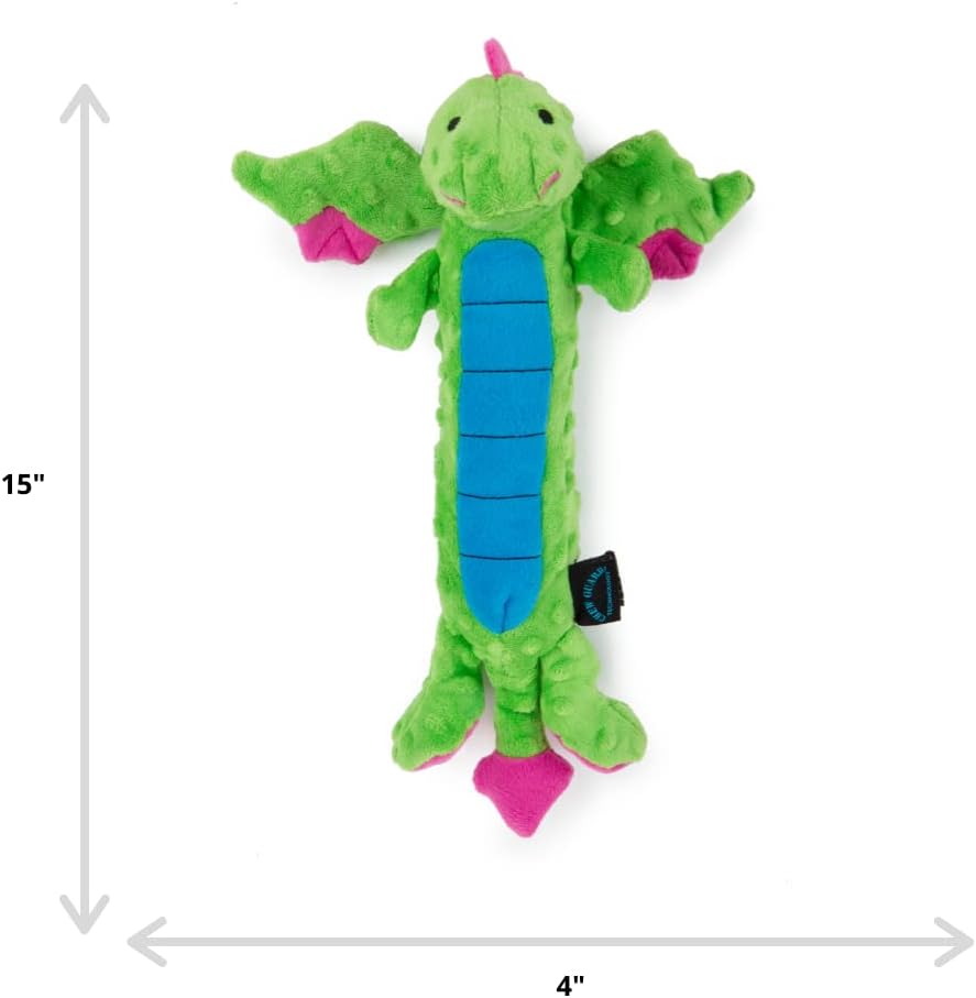 goDog PlayClean Skinny Dragon Squeaky Plush Dog Toy with Odor-Eliminating Essential Oils, Chew Guard Technology - Green, Large