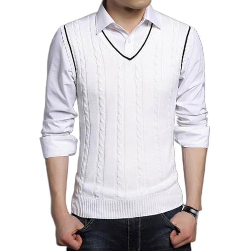 Pull en tricot jacquard col en V homme gilet sans manches blanc pour look business