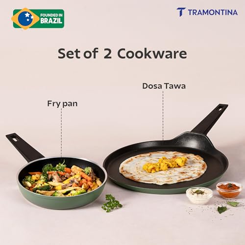 Image of TRAMONTINA Aura Cookware Set of 2- Frypan 20cm, Dosa tawa 28cm | Reinforced Ceramic Non-Stick Cookware | Quick & Even Heating | Low-Oil Cooking | Bakelite Handle | Induction & Gas | Sea Green