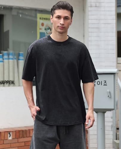 Image of KEEPSHOWING Mens Oversized T Shirts Acid Wash Loose Fit Vintage Washed Tee Shirt Short Sleeve Streetwear Casual T-Shirts