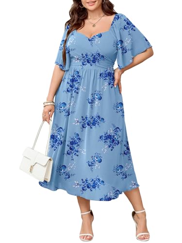 Image of SHESTARR Women's Plus Size Midi Dress Sweetheart Neck Short Sleeve Wedding Guest Cocktail A Line Flowy Dress