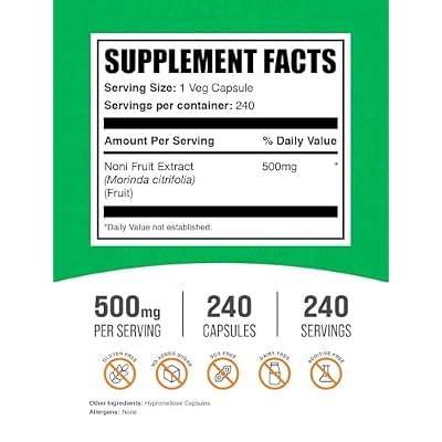 BulkSupplements.com Noni Extract Capsules - Noni Fruit 500mg, Superfood Supplement, Noni Fruit Supplement - Gluten Free, 1 Capsule per Serving, 240 Veg Capsules (Pack of 1)