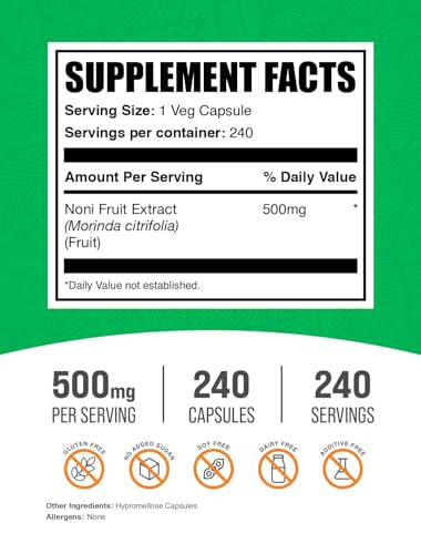 bulksupplementscom noni extract capsules - noni fruit 500mg superfood supplement noni fruit supplement - gluten free 1 capsule per serving 240 veg capsules pack of 1