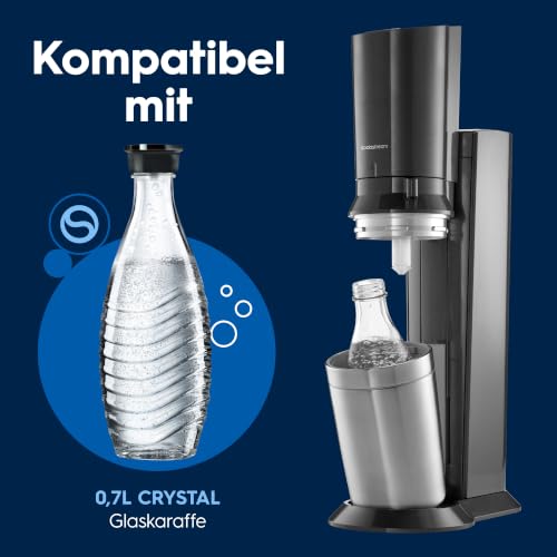 SodaStream Crystal 3.0 Wassersprudler mit Glaskaraffe, Sprudelwasser-Maschine mit Quick-Connect CO2-Zylinder, inkl. 2 spülmaschinenfesten Glaskaraffen je 0,7 L, Grau