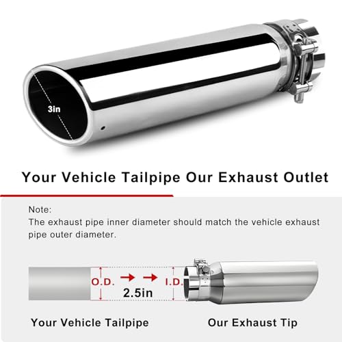 Image of 2.5 inchInlet 3 inch Outlet Polished Exhaust Tip 12 inch Length Stainless Steel