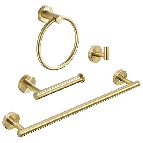 WEIKO Gold Bathroom Hardware, Bathroom Accessories Set Includes Toilet Paper Holder 24 Inch Towel Bar Towel Ring Robe Hook 4 Pieces Wall Mount Cover