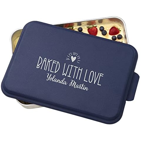 Personalization Universe Aluminum Made With Love Personalized Cake Pan with Lid, Perfect for Cake, Brownies, Casseroles, Cookies, Oven Safe, Made in USA - 9x13 Navy Lid Cover