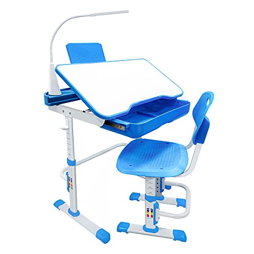 Yinleader Kids Desk and Chair Set,Height Adjustable,Spacious Storage Drawer,with Adjustable Tilted Desktop, Bookstand, Touch Led Lamp for School Student (Blue Set)