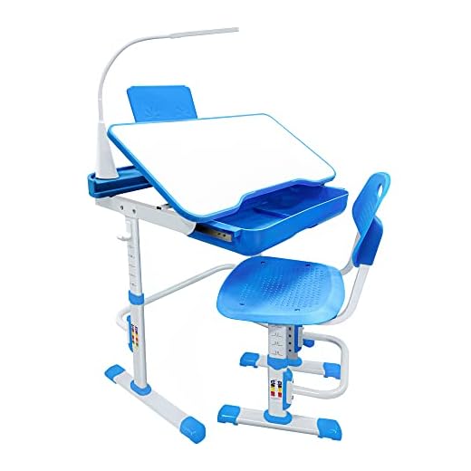 Yinleader Kids Desk and Chair Set,Height Adjustable,Spacious Storage Drawer,with Adjustable Tilted Desktop, Bookstand, Touch Led Lamp for School Student (Blue Set)