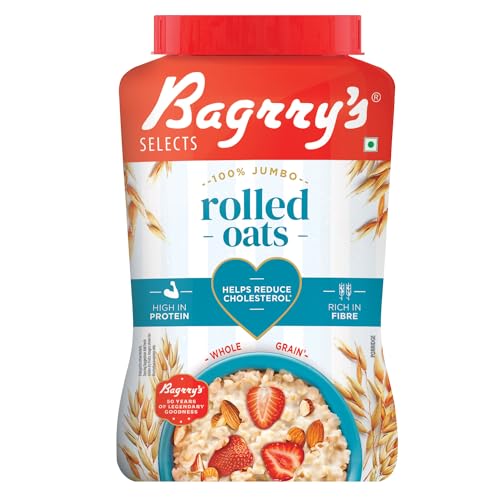 Image of Bagrry's 100% Jumbo Rolled Oats 1.2Kg Jar|1Kg Free |Whole Grain Rolled Oats With High Fibre, Non Gmo|Healthy Food With No Added Sugar|Premium Rolled Oats|Instant Oats
