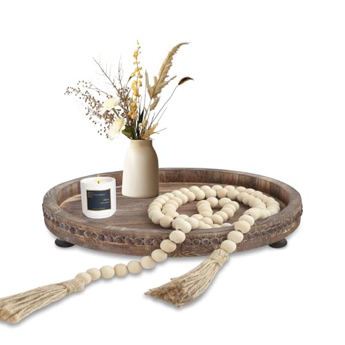RETON Bandeja redonda de madera con cuentas de madera para decoración del hogar, bandeja decorativa redonda, bandeja de servir decorativa, bandejas para cocina, salón, mesa de comedor (marrón)