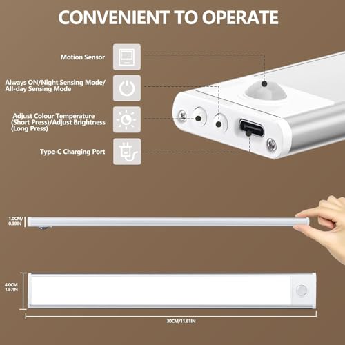 Image of ELLEVE- 20CM Rechargeable Under Motion Sensor LED Light for Wardrobe, Closet, Cabinet, Kitchen, Stairs, Drawer, Shelf, Garage, 3 Color Modes, Dimming, Wireless Magnetic Indoor Lights (Pack of 1)