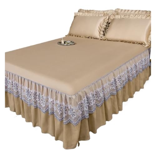 Faldones De Cama Conjunto de Tres Piezas Falda Cama Color sólido con Encaje, Funda Doble Capa Agradable for la Piel, Antideslizante Dormitorio(Rose Gold,1.53x2.03m Set)