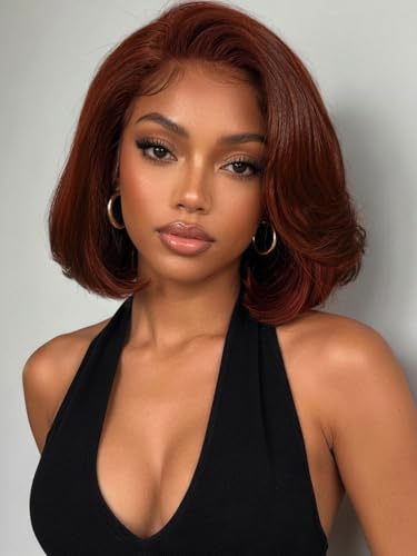 Image of KLAIYI Reddish Brown Yaki Straight Bob Wig Human Hair Glueless Bye Bye Knots Precut 7x5 Lace Front Wig Pre Bleached Pre Plucked with Baby Hair 3S Ready to Wear and Go Wig Beginner Friendly 150% 12Inch