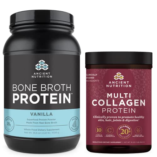 Ancient Nutrition Bone Broth Protein Powder, Vanilla, 40 Servings + Multi Collagen Protein Powder, Unflavored, 45 Servings #TOP10