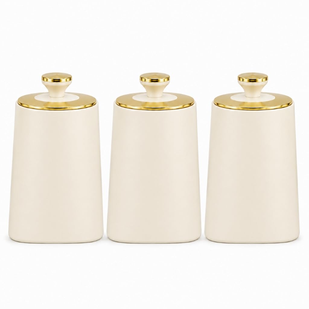 EHC Kitchen Canister Set of 3 with Lids, Metal Storage Containers for Coffee, Tea, Sugar & Dry Food, Matt Cream