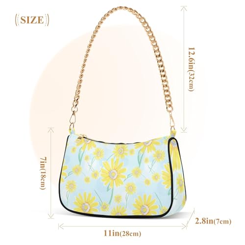Yellow Daisy Flowers Light Blue Medium Handbag Tote Womens Floral Shoulder Bag Zipper Casual Purse Hobo with Chain Strap3