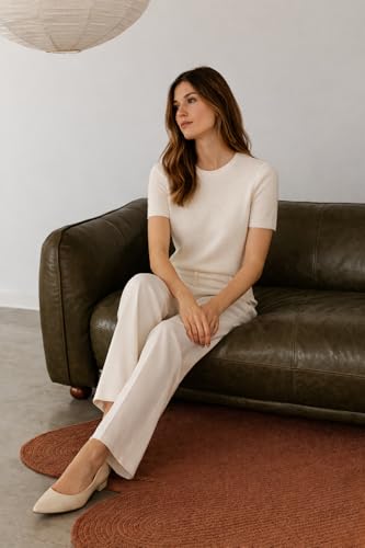 Image of State Cashmere Women's Essential Short Sleeve Crewneck Sweater 100% Pure Cashmere Classic Tee Pullover